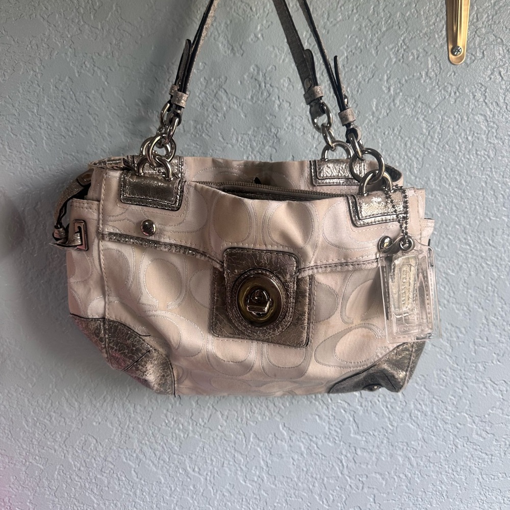 Coach Cream and Silver Shoulder Bag with Silver Accents